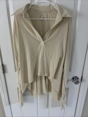 Free People Cream Long-Sleeve Collared Pullover Top